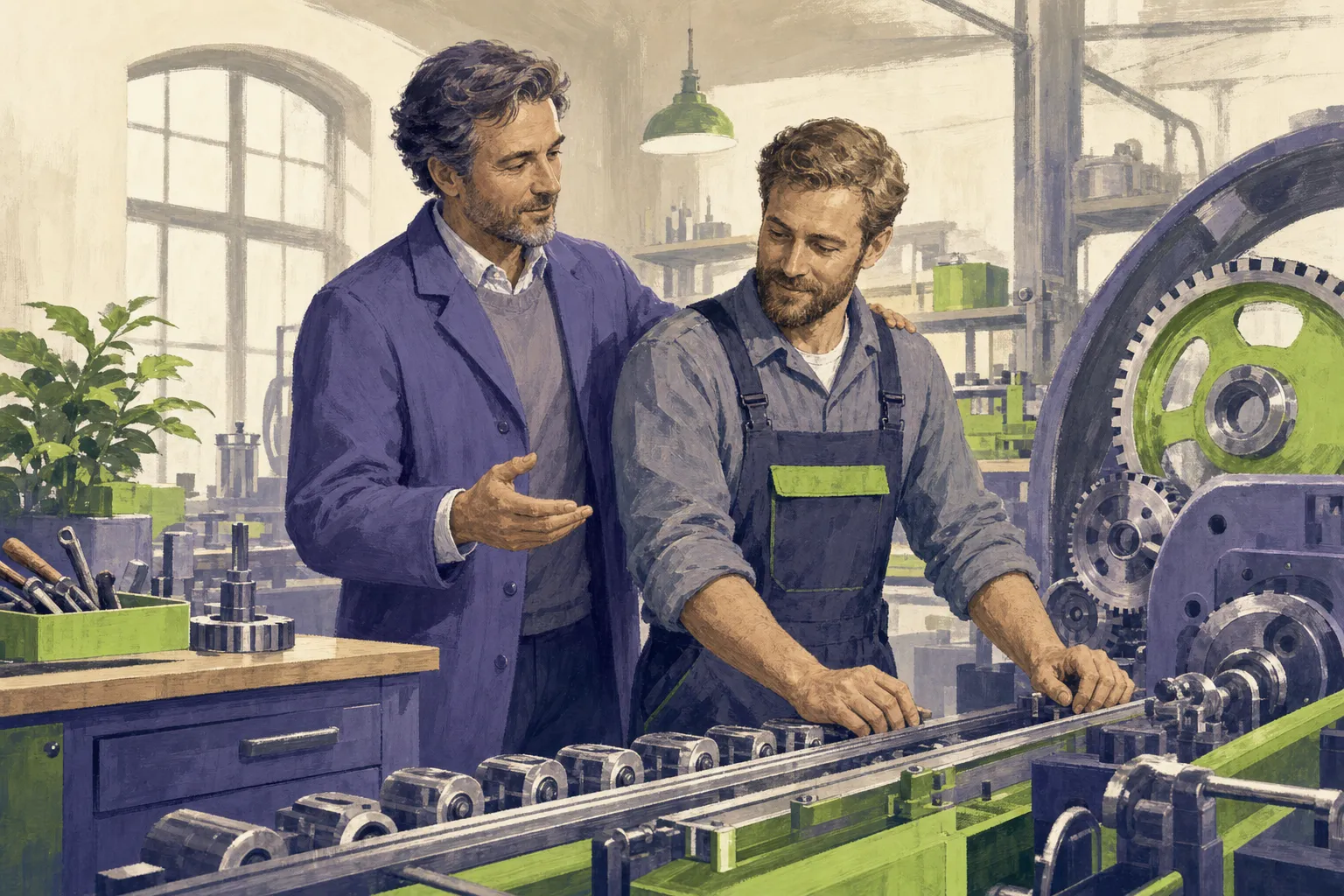 Editorial illustration: an AI assistant as a calm pilot beside an SMB worker in the engine room of Microsoft Teams — symbolizing GDPR-compliant assistance in daily work