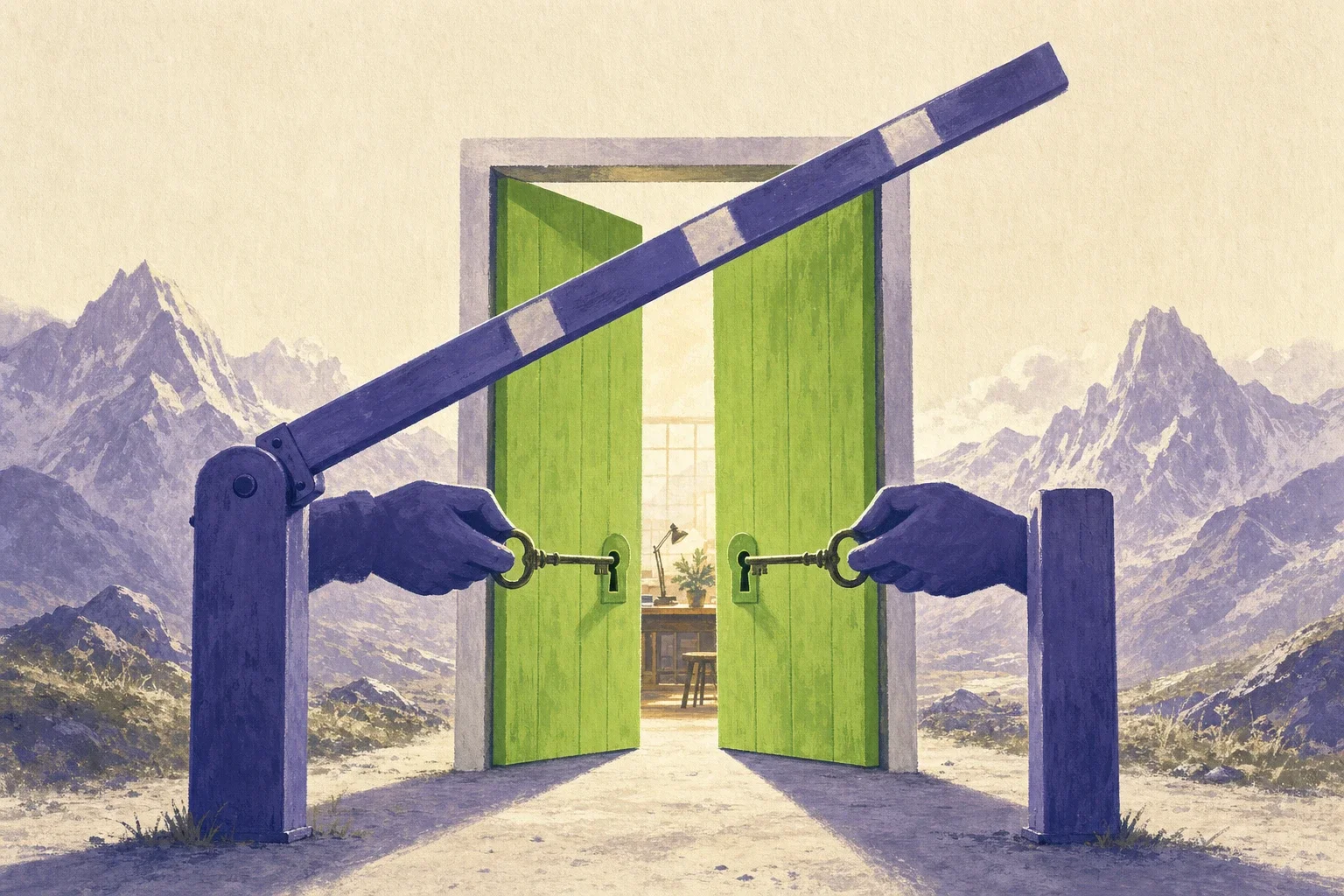 Editorial illustration: a purple barrier stands open, behind it a lime green workshop door swings back only once two keys are turned at the same time, with a calm Alpine outline in the background