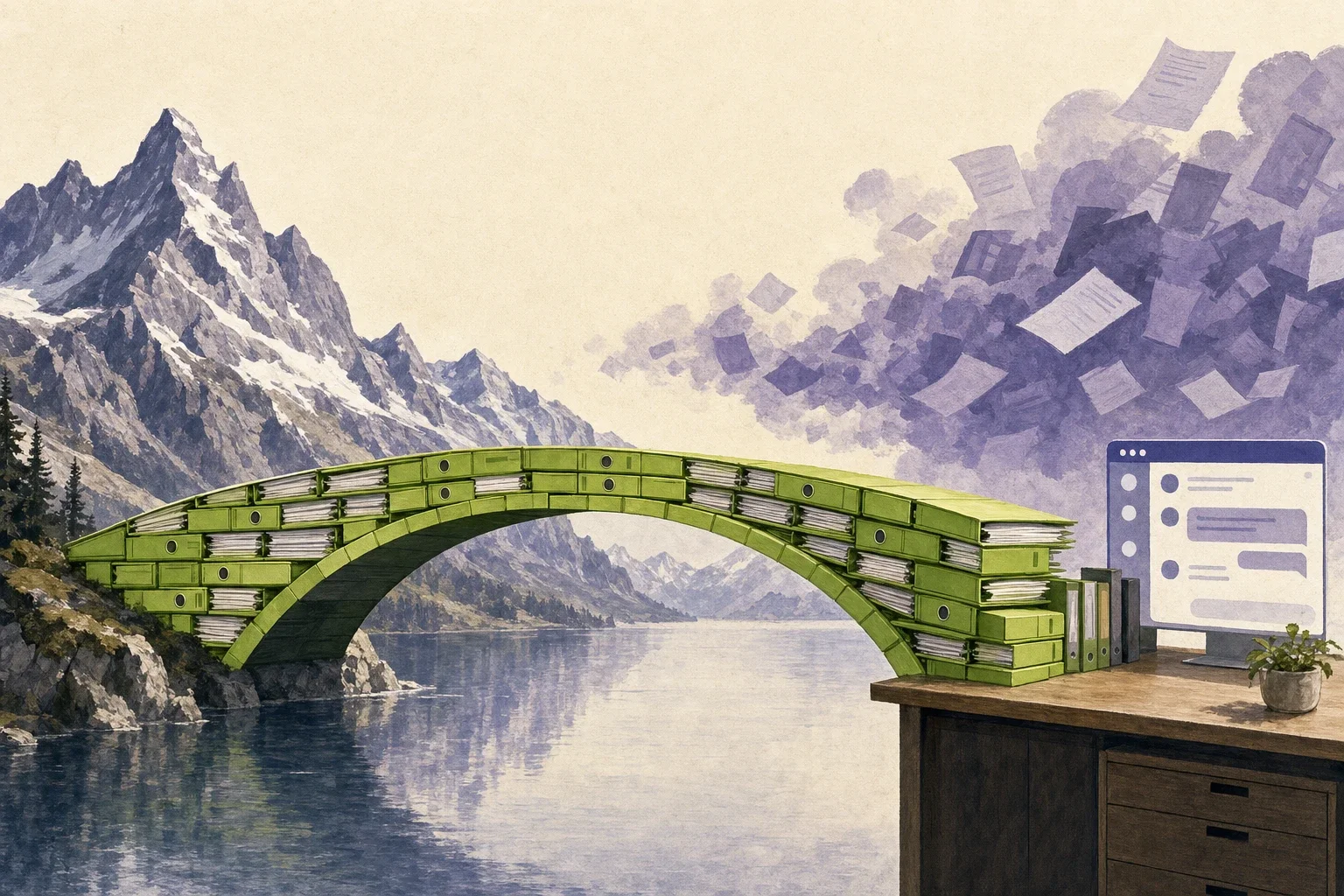 Editorial illustration: a green bridge made of file binders arches from an Alpine silhouette across a calm lake to a tidy desk, while purple, disordered data clouds fade in the background