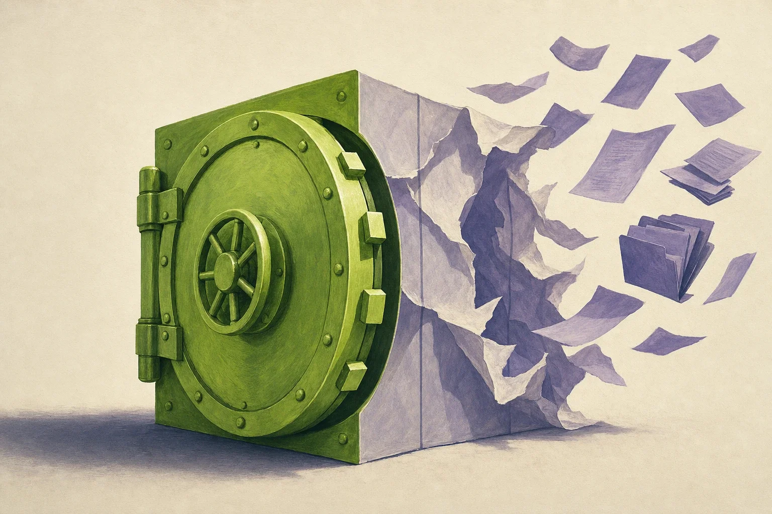 Editorial illustration: a massive lime-green vault door stands tightly shut in the foreground, while the chamber behind it is built from thin paper walls that tear open and let purple documents drift out into the open.