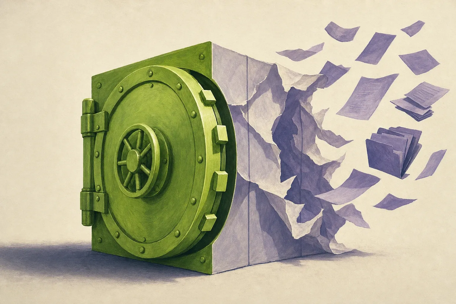 Ilustração editorial: uma porta de cofre maciça em verde-limão está bem fechada em primeiro plano, enquanto a sala atrás dela é feita de paredes finas de papel que se rasgam e deixam escapar documentos violeta.