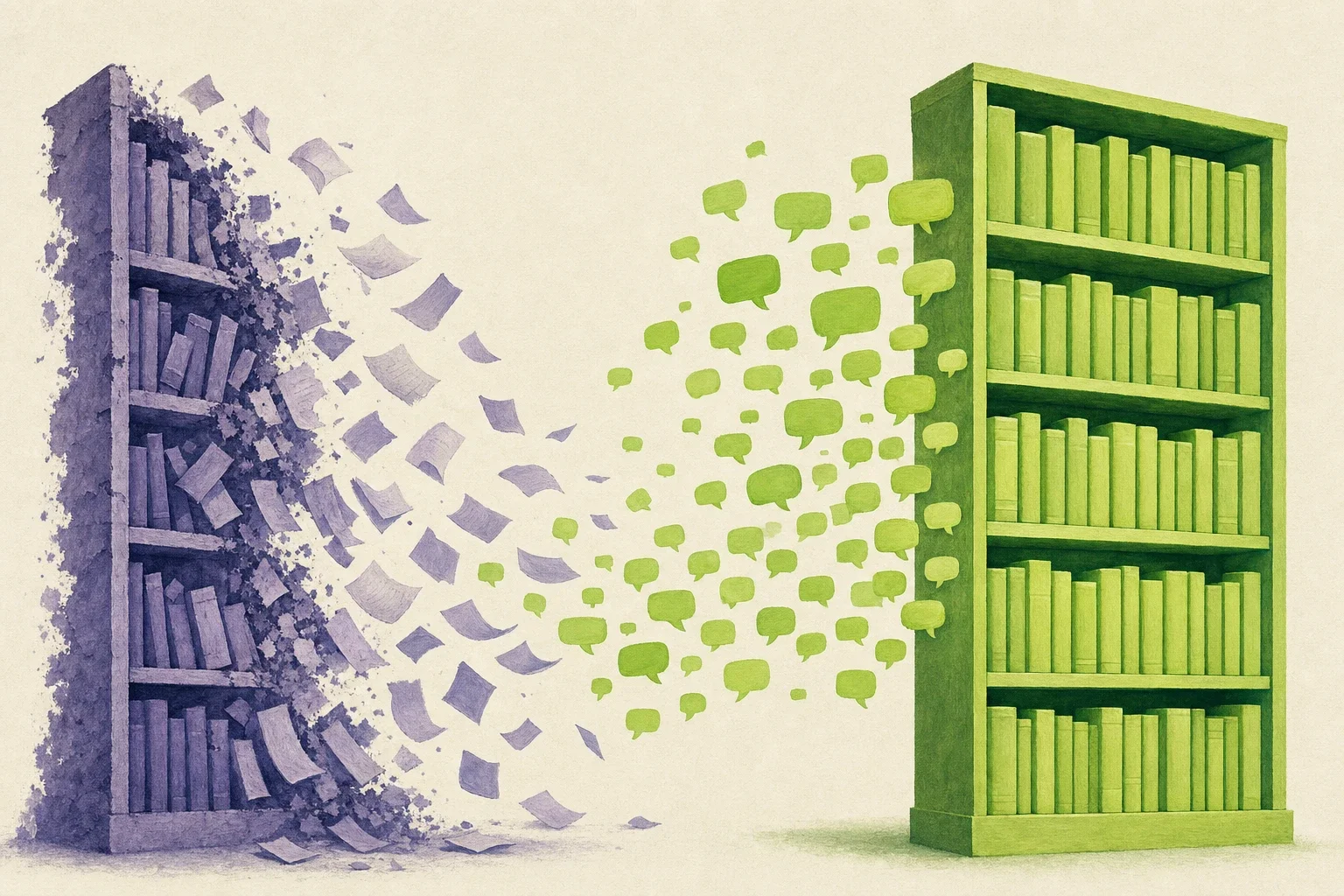 Editorial illustration: on the left a violet bookshelf falls apart as its pages blow away, on the right scattered speech bubbles grow into green book spines that form a stable, orderly shelf