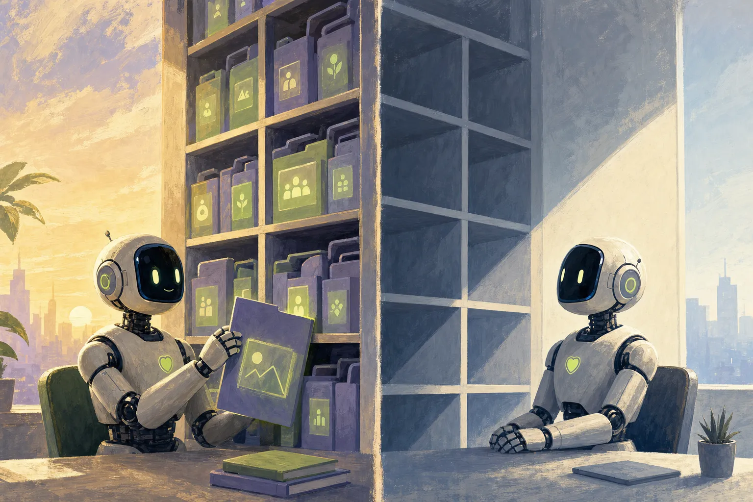 Editorial illustration: on the left, a familiar office-dog robot orienting itself at a shelf packed with memories; on the right, an identical robot starting from zero each morning in front of an empty shelf