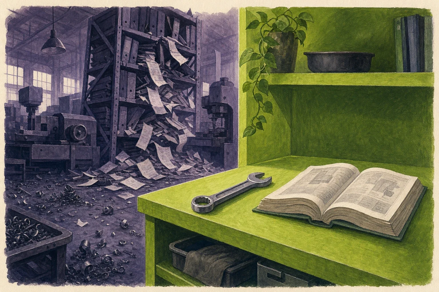 Editorial illustration: a violet factory hall where folders and notes drift to the floor like metal shavings, next to a green shelf where a single wrench is being filed beside an open manual