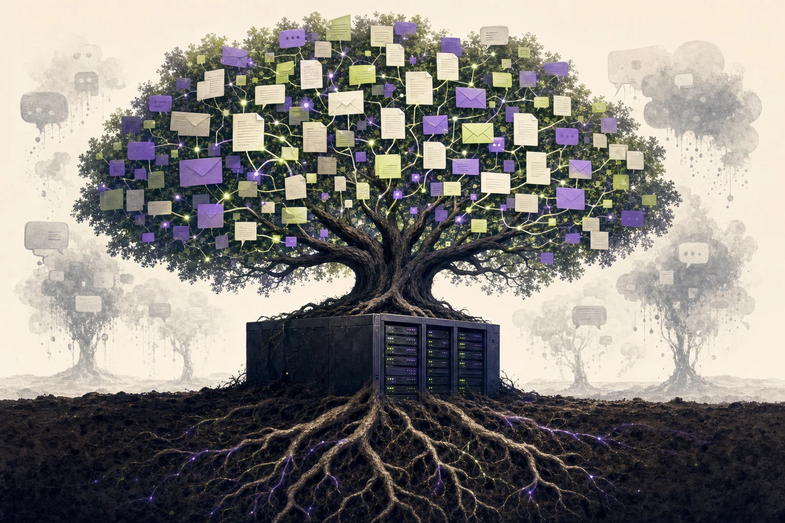 Tiefverwurzelter Baum aus leuchtenden Dokumenten und Chat-Symbolen, der aus einem deutschen Server-Rack wächst, während im Hintergrund Gedankenblasen verblassen – Symbol für persistentes Unternehmensgedächtnis auf deutschem Boden.