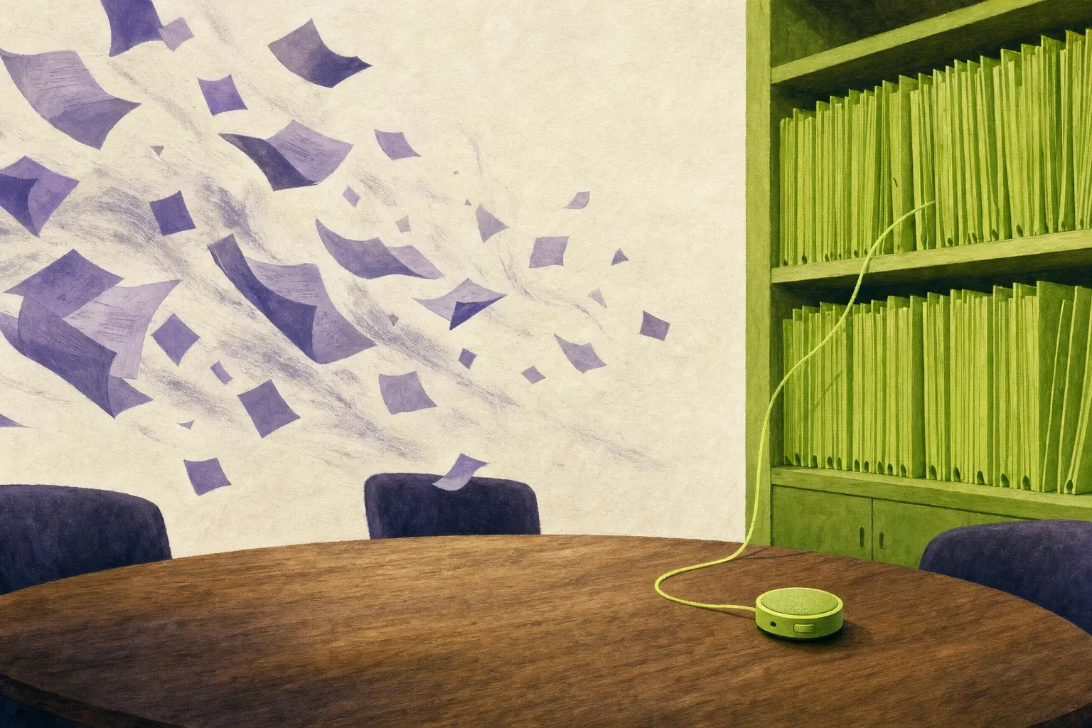 Ilustração editorial: à esquerda, bilhetes violeta voam sobre uma mesa de reunião vazia; à direita, um pequeno gravador redondo está sobre a mesa e um fio verde o liga a uma estante de arquivos organizada