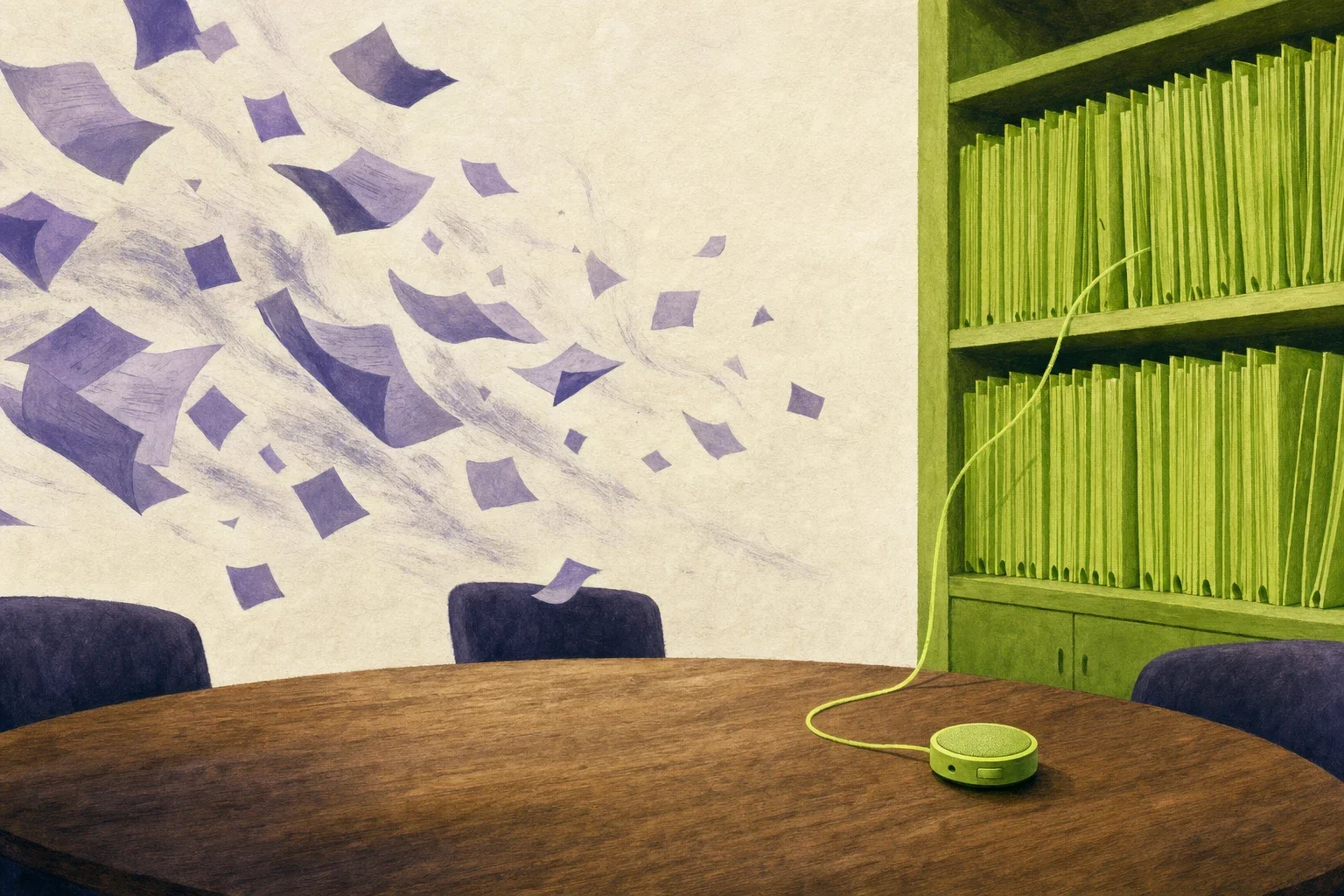 Editorial illustration: on the left, violet sticky notes drift away above an empty meeting table; on the right, a small round recorder sits on the table and a green thread connects it to a neatly ordered filing shelf