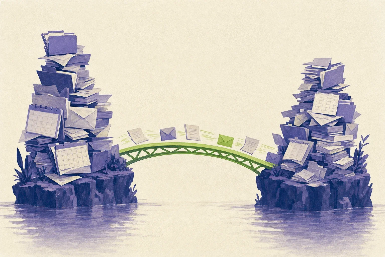 Editorial illustration: two purple islands full of folders and envelopes, separated by a stream and joined by a narrow green bridge on which documents travel in both directions
