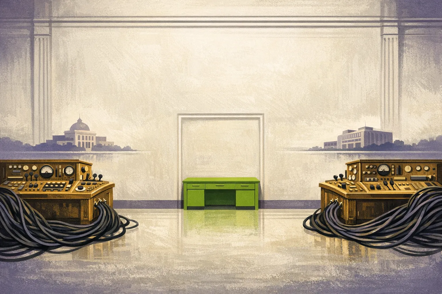Ilustración editorial: dos elaborados escritorios de control se enfrentan a través de un vacío, cada uno conectado a su propio edificio independiente, con un tercer escritorio silencioso incrustado en la pared entre ambos.