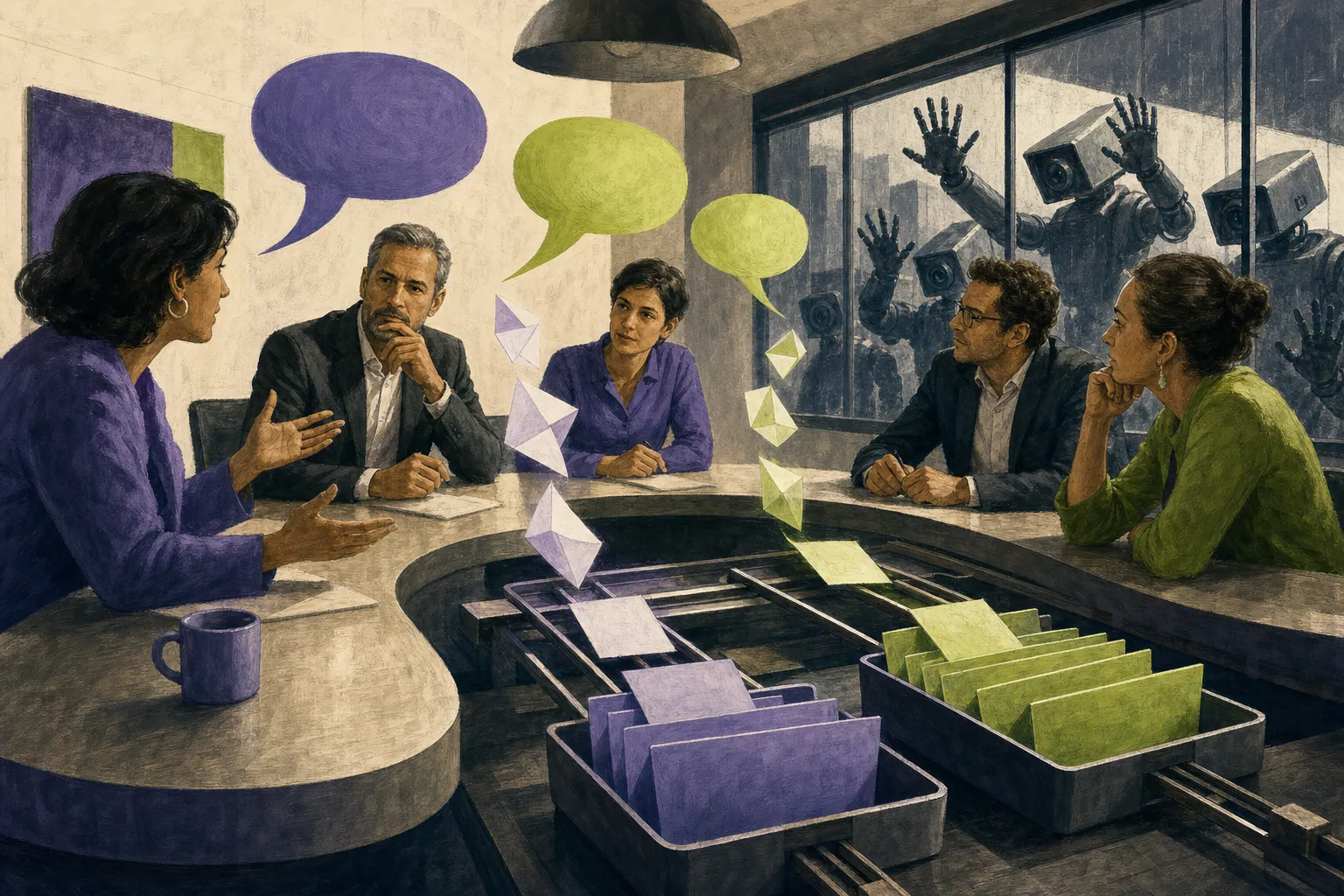 Editorial illustration: spoken speech bubbles crystallize into task cards at the conference table and glide into labeled mailboxes, while external bots stay locked out in front of the window