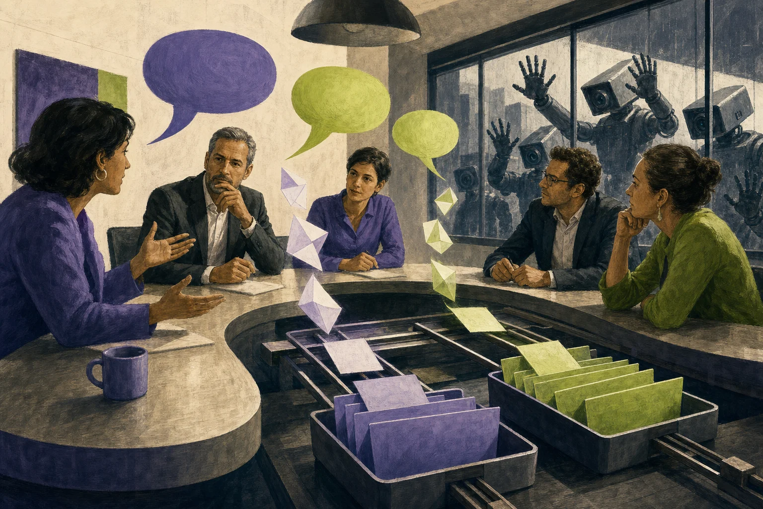 Ilustración editorial: burbujas de diálogo habladas cristalizan en la mesa de reuniones convirtiéndose en tarjetas de tareas que se deslizan hacia buzones etiquetados, mientras los bots externos quedan fuera, al otro lado de la ventana