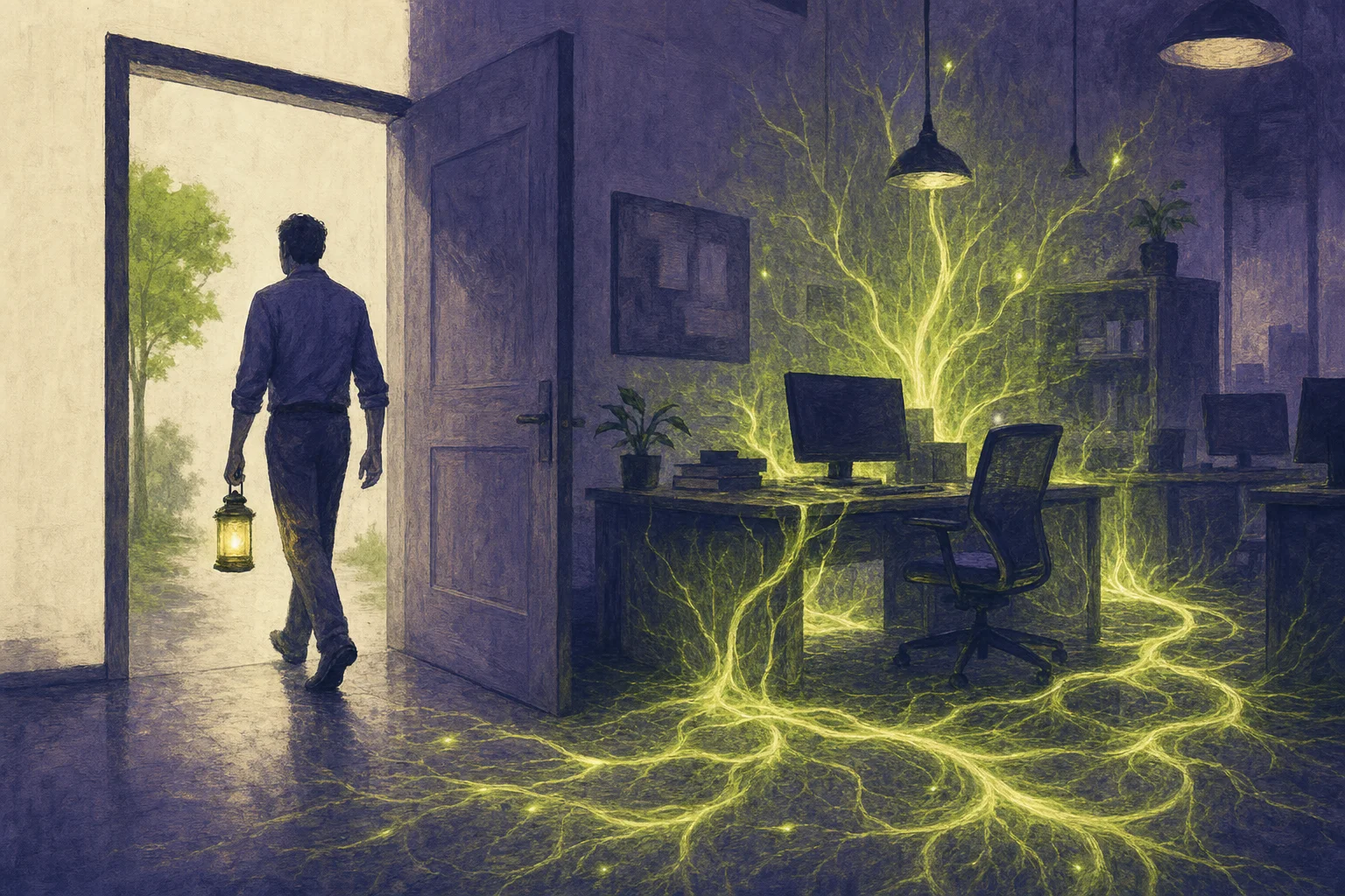 Ilustración editorial: un empleado sale de la oficina con un farol, mientras su conocimiento permanece como raíces luminosas en el escritorio y las paredes