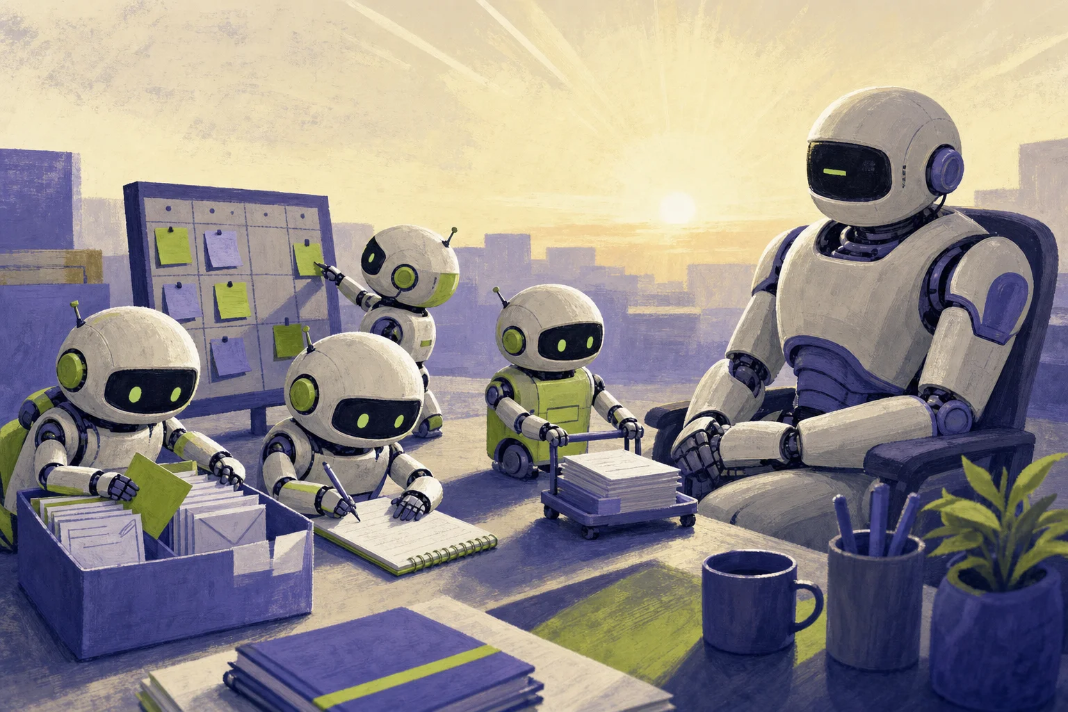 Editorial illustration: a well-rehearsed team of small specialized robots handles office tasks at dawn, while a single large generalist assistant sits idle beside them