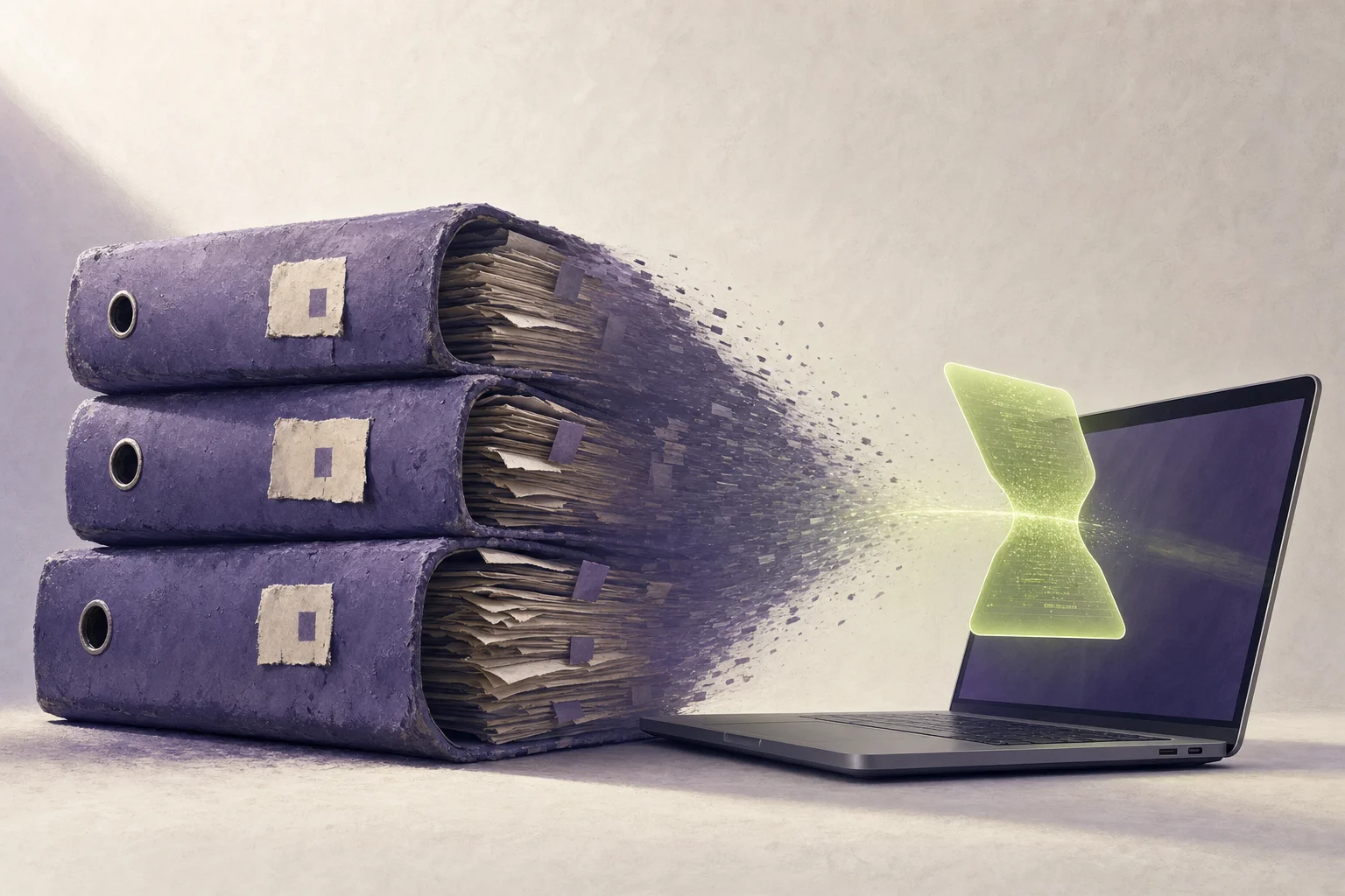 Editoriale Illustration: dicke Aktenordner verdichten sich zu einer schlanken digitalen Karte über einem Laptop — Sinnbild für komprimiertes Onboarding