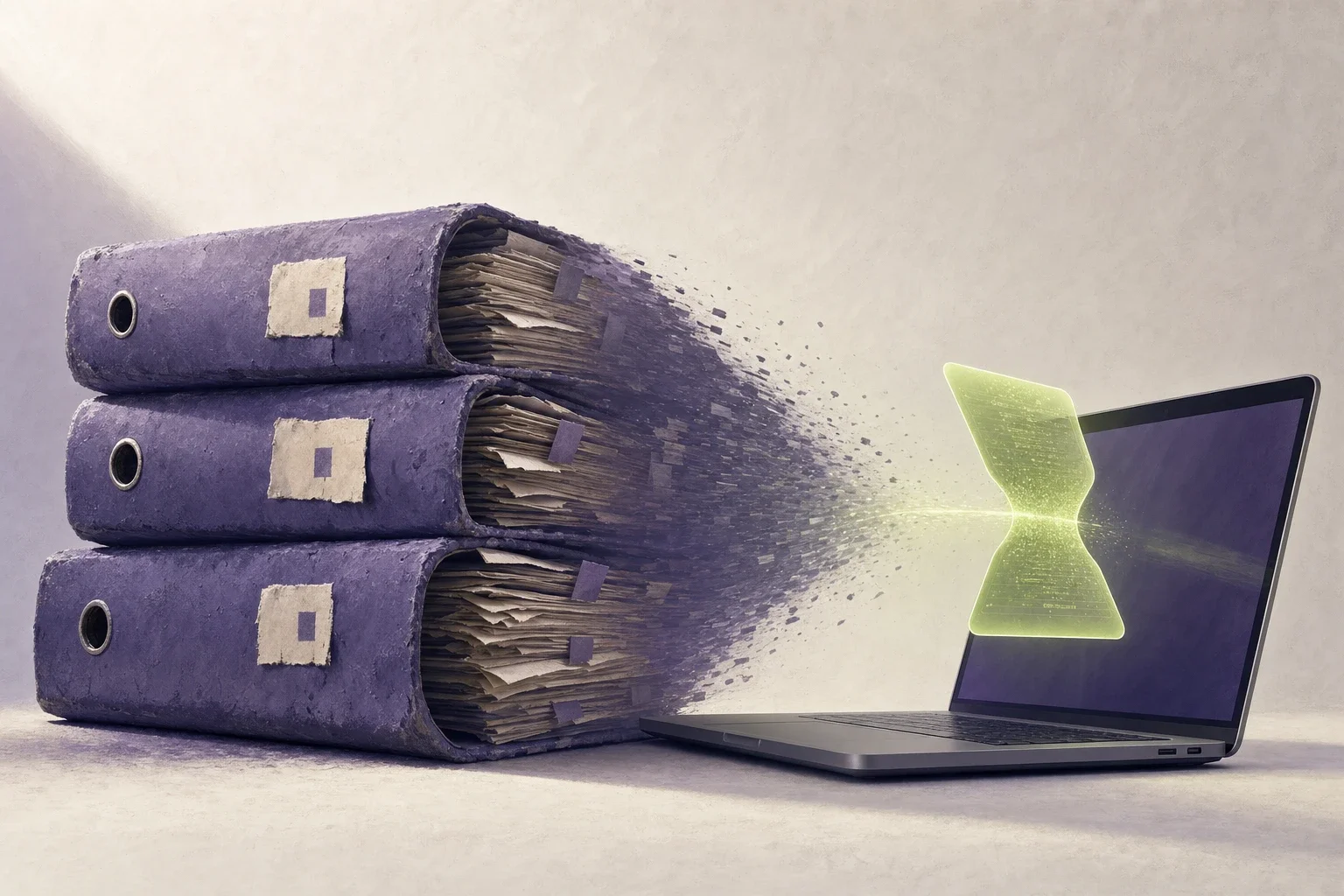 Editoriale Illustration: dicke Aktenordner verdichten sich zu einer schlanken digitalen Karte über einem Laptop — Sinnbild für komprimiertes Onboarding