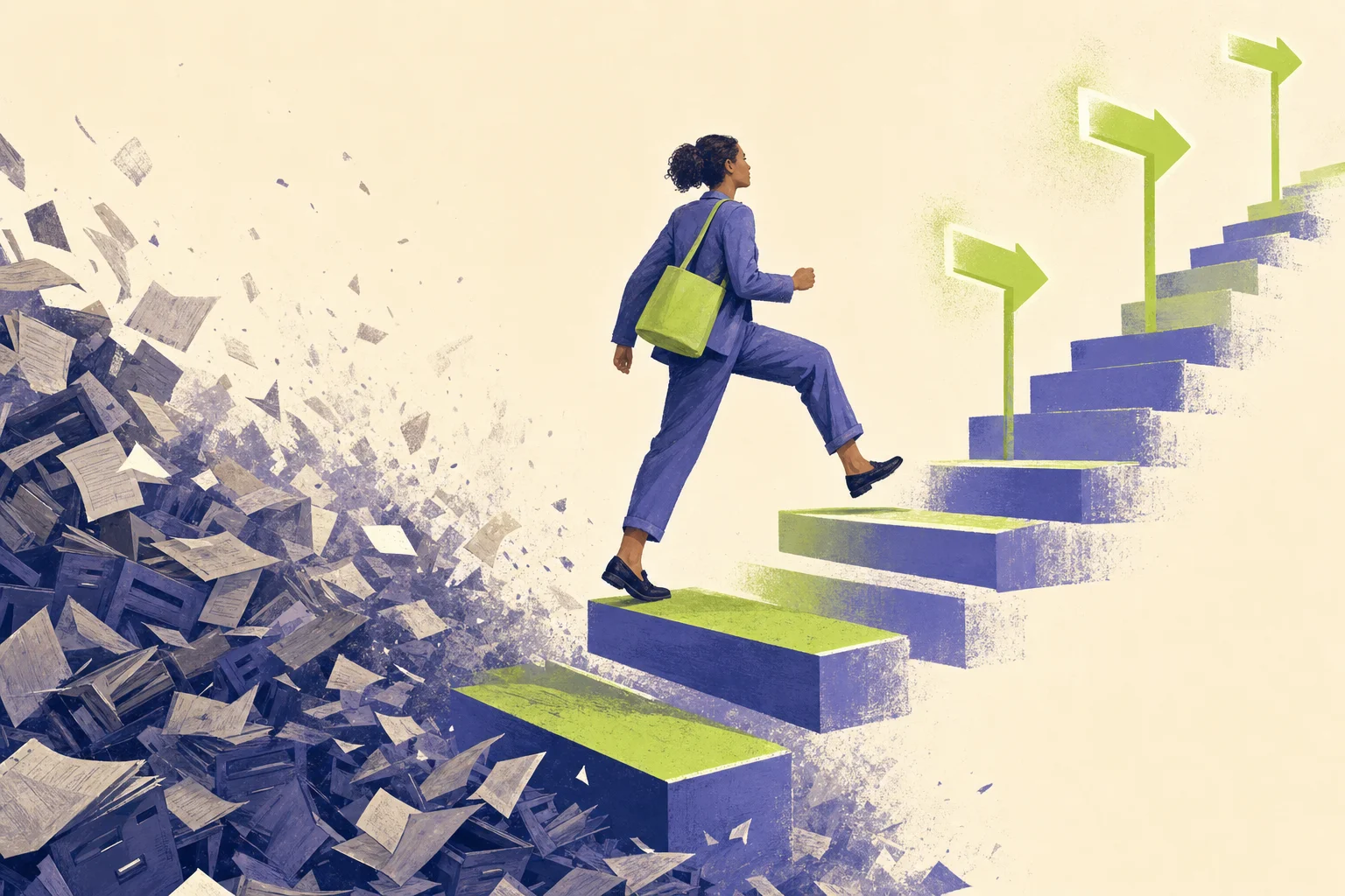 Ilustración editorial: una nueva empleada sube una escalera que se construye sola ante sus pies, mientras un laberinto de carpetas polvorientas se desmorona