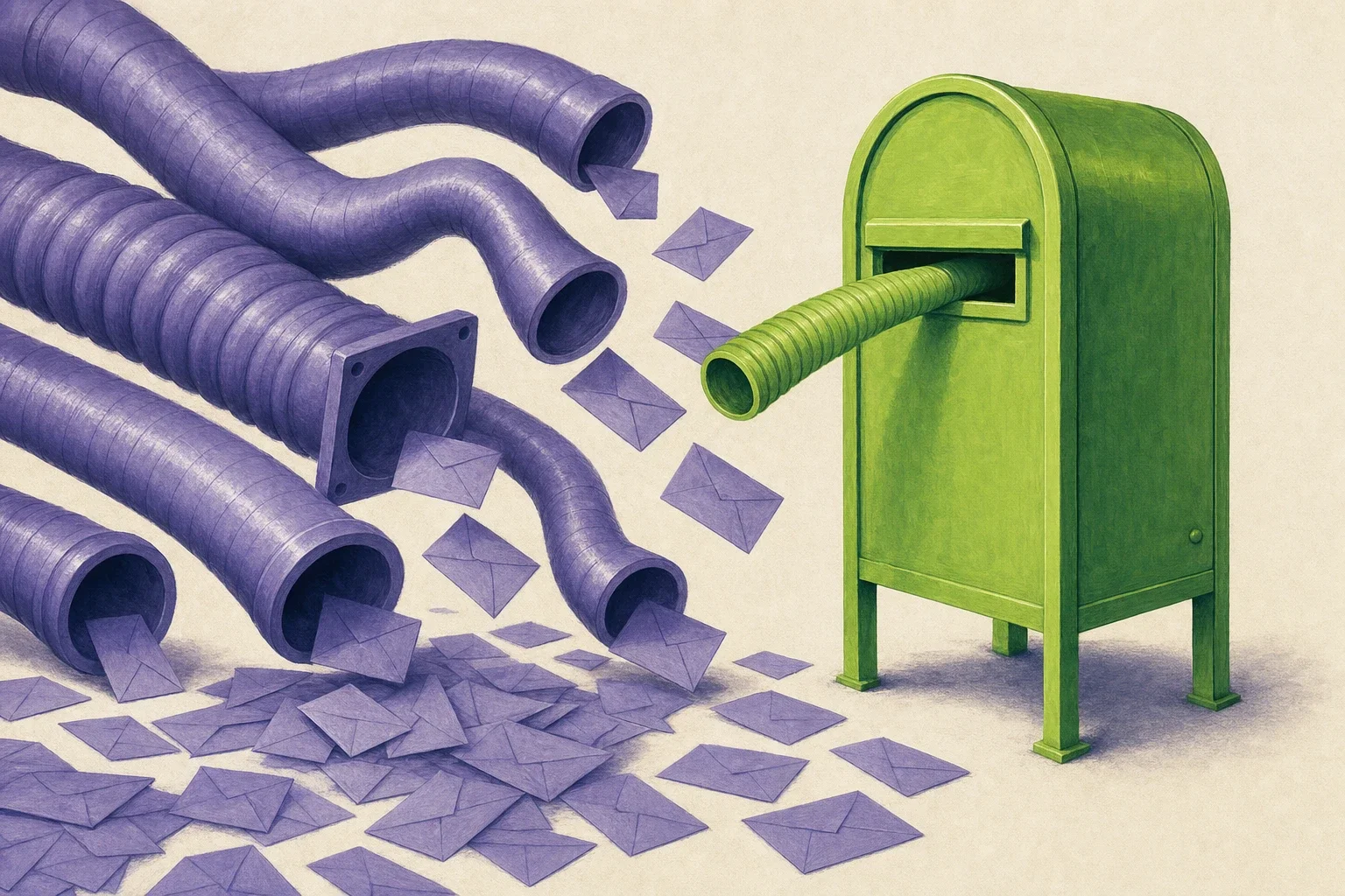 Editorial illustration: a tidy green mailbox with seven purple pneumatic tubes running past it, only one of which actually feeds into the box