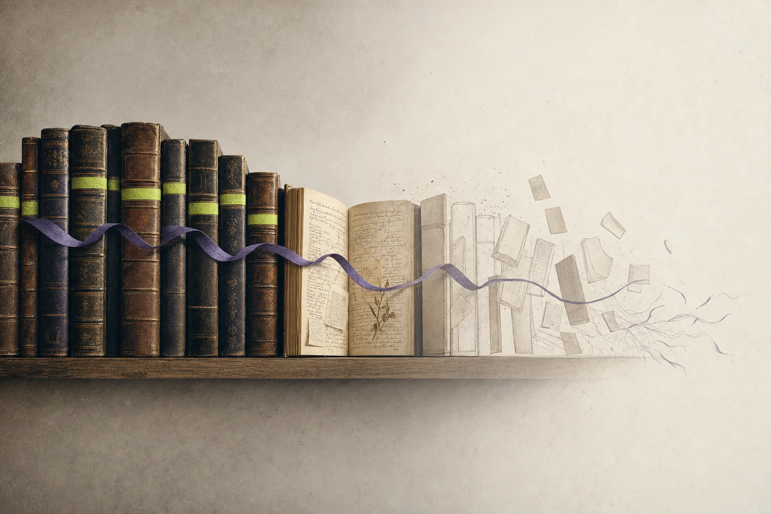 Editoriale Illustration eines Bücherregals, das auf der linken Seite zu einem dauerhaften Unternehmensgedächtnis verbunden ist und auf der rechten Seite in vergessende Sitzungen zerfällt