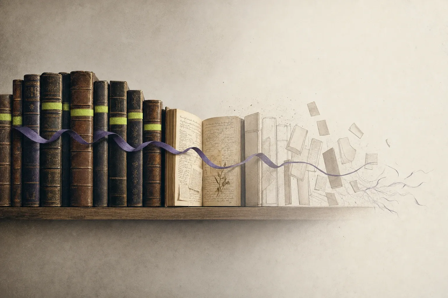 Editorial illustration of a bookshelf bound on the left into a permanent corporate memory and dissolving on the right into forgetful sessions