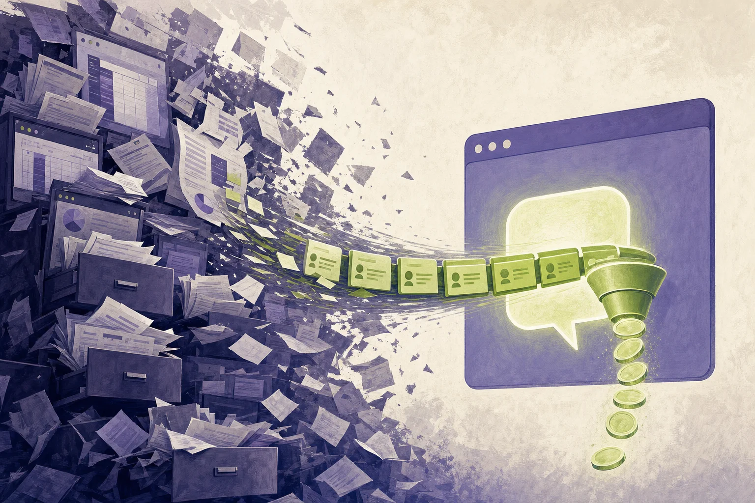 Editorial illustration: a single spoken question inside a Microsoft Teams chat bubble pulls a live CRM pipeline onto the screen, dissolving a wall of browser tabs and exported spreadsheets behind it.