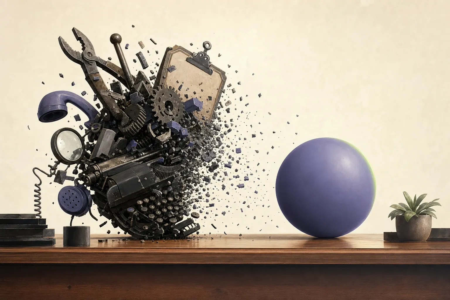 Editorial illustration: a crumbling stack of fragmented tools dissolving into a single calm purple sphere — symbol of a native AI knowledge layer that replaces multiple tools