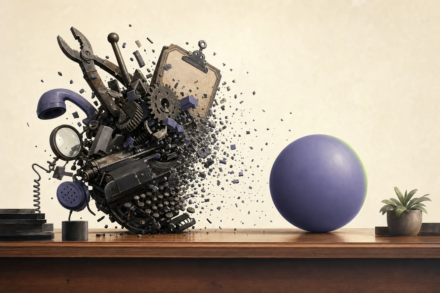 Editorial illustration: a crumbling stack of fragmented tools dissolving into a single calm purple sphere — symbol of a native AI knowledge layer that replaces multiple tools