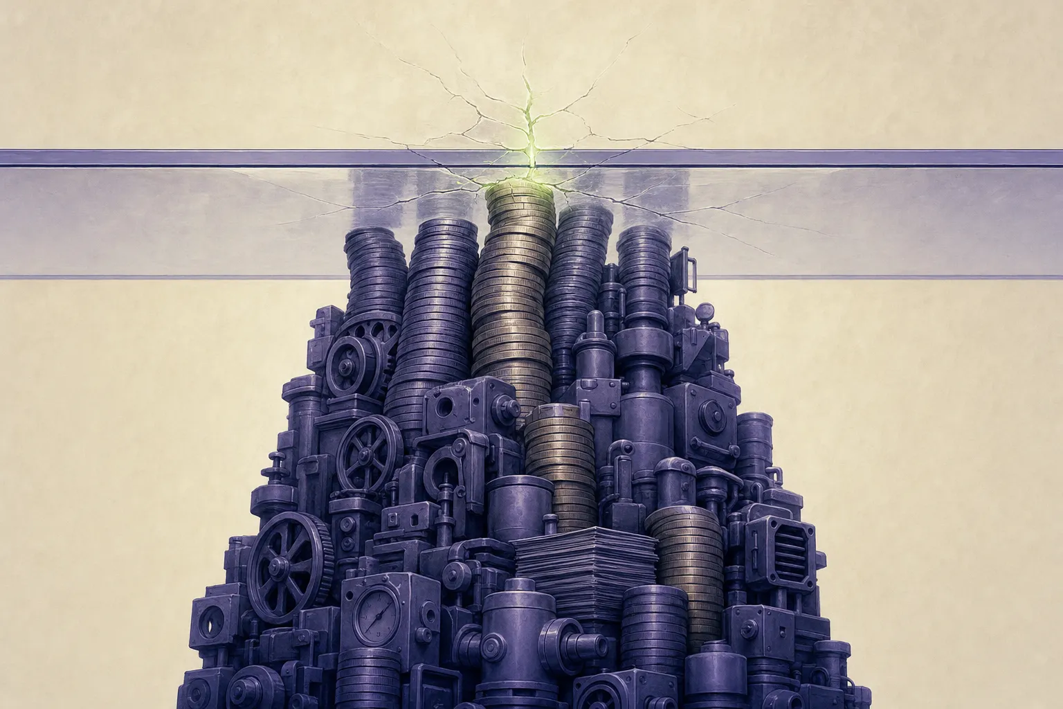 Ilustración editorial: un techo de cristal invisible presiona una pila de máquinas y monedas detenidas que pujan hacia arriba pero no logran atravesarlo — el potencial limitado hecho visible.