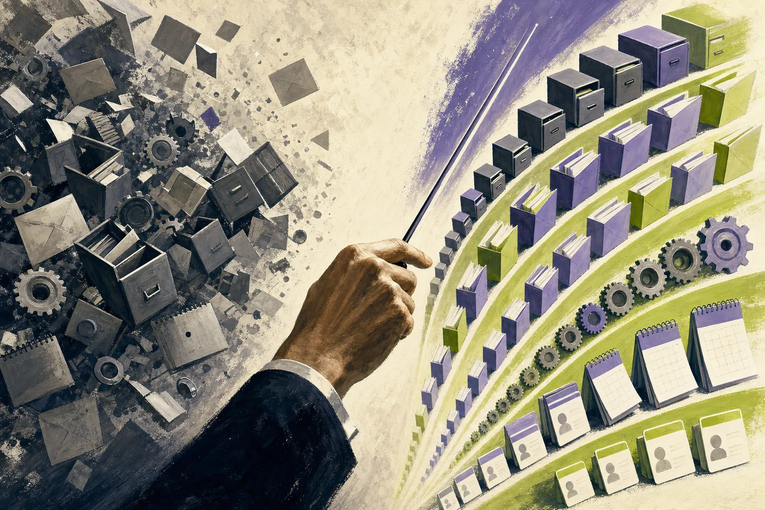 Editorial illustration: a single conductor's baton drawing a scattered jumble of disconnected office machines and instruments into one ordered, harmonious arrangement — chaos resolving into coordination.