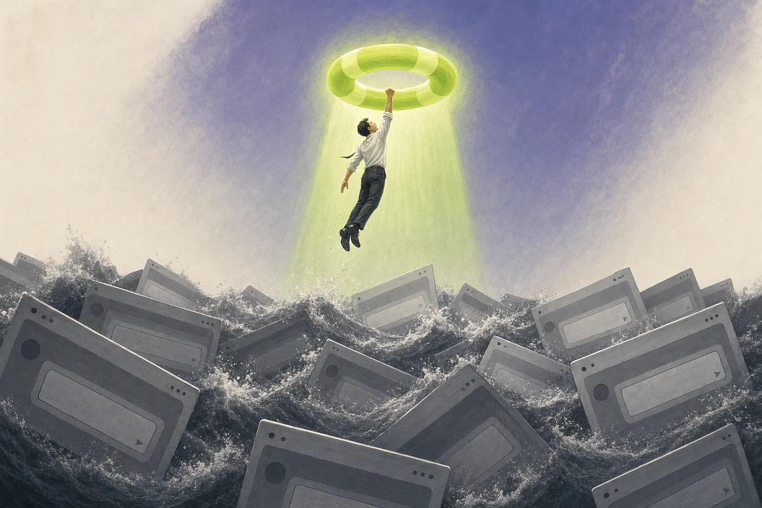 Editorial illustration: a single life raft of warm light pulling a figure out of a churning sea of identical grey sidebars and prompt boxes — rescue from prompt fatigue.