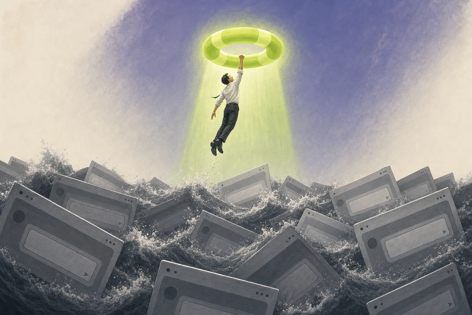 Ilustración editorial: una balsa salvavidas de luz cálida saca a una figura de un mar agitado de barras laterales grises idénticas y cajas de prompts — rescate de la fatiga de prompts.