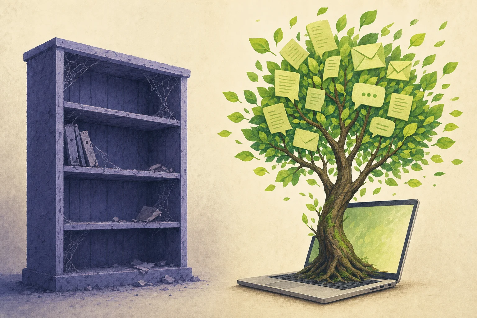 Editorial illustration: a dusty empty wiki shelf beside a living, self-growing knowledge tree made of Teams and Outlook icons — symbolizing automatic instead of manual knowledge building