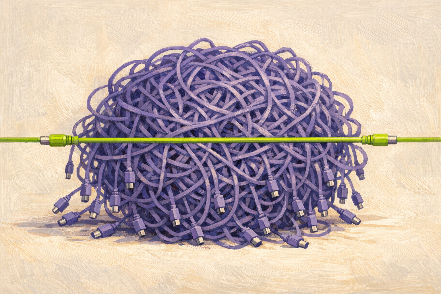 A tangled mass of purple cables with one clean green cable running through the center — representing agent sprawl versus integrated AI architecture