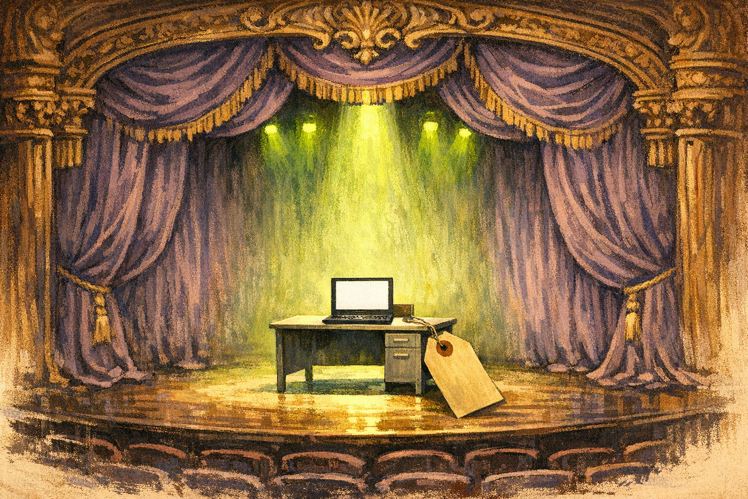 A crumbling theater stage with a corporate office desk in the spotlight
