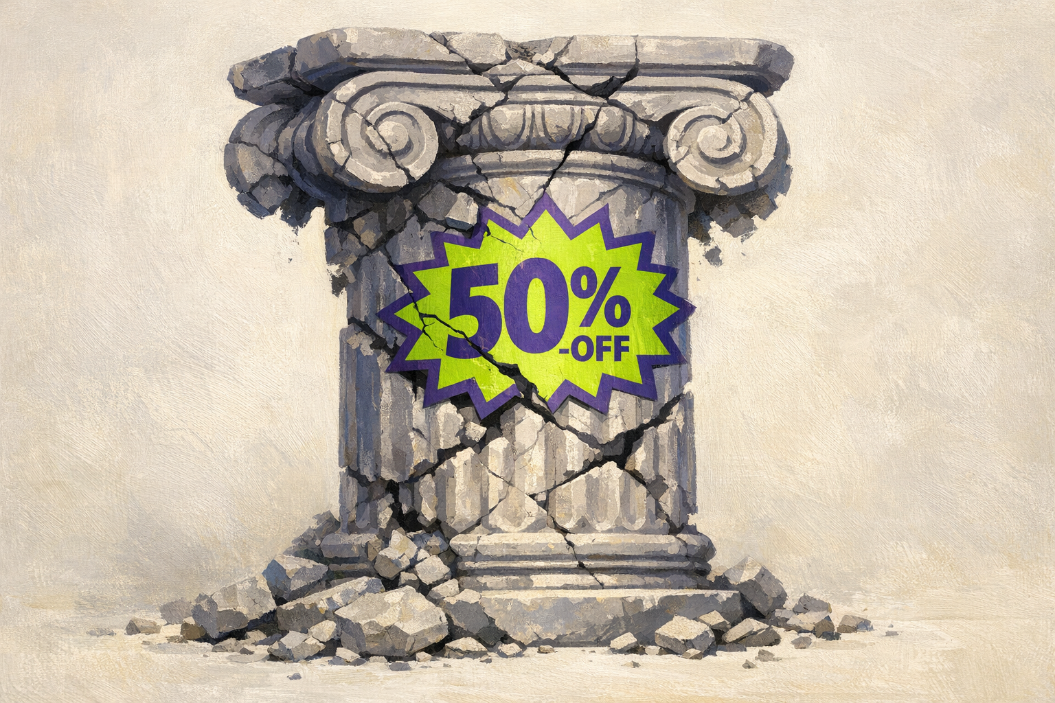 Abstract visualization of a price tag falling while fundamental problems remain