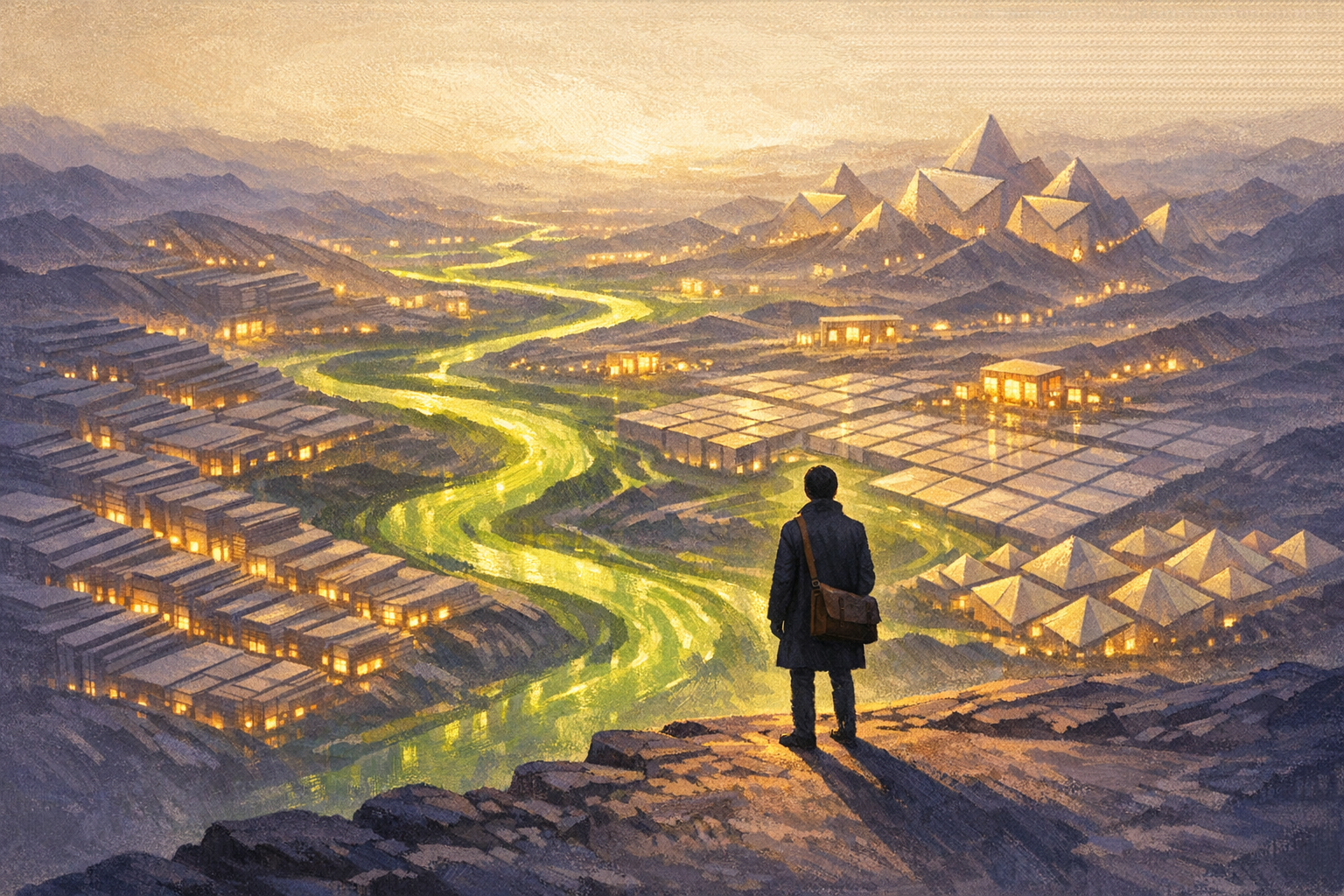 Editoriale Illustration einer fragmentierten Wissenslandschaft, die sich zu einer einzigen, navigierbaren Karte verdichtet
