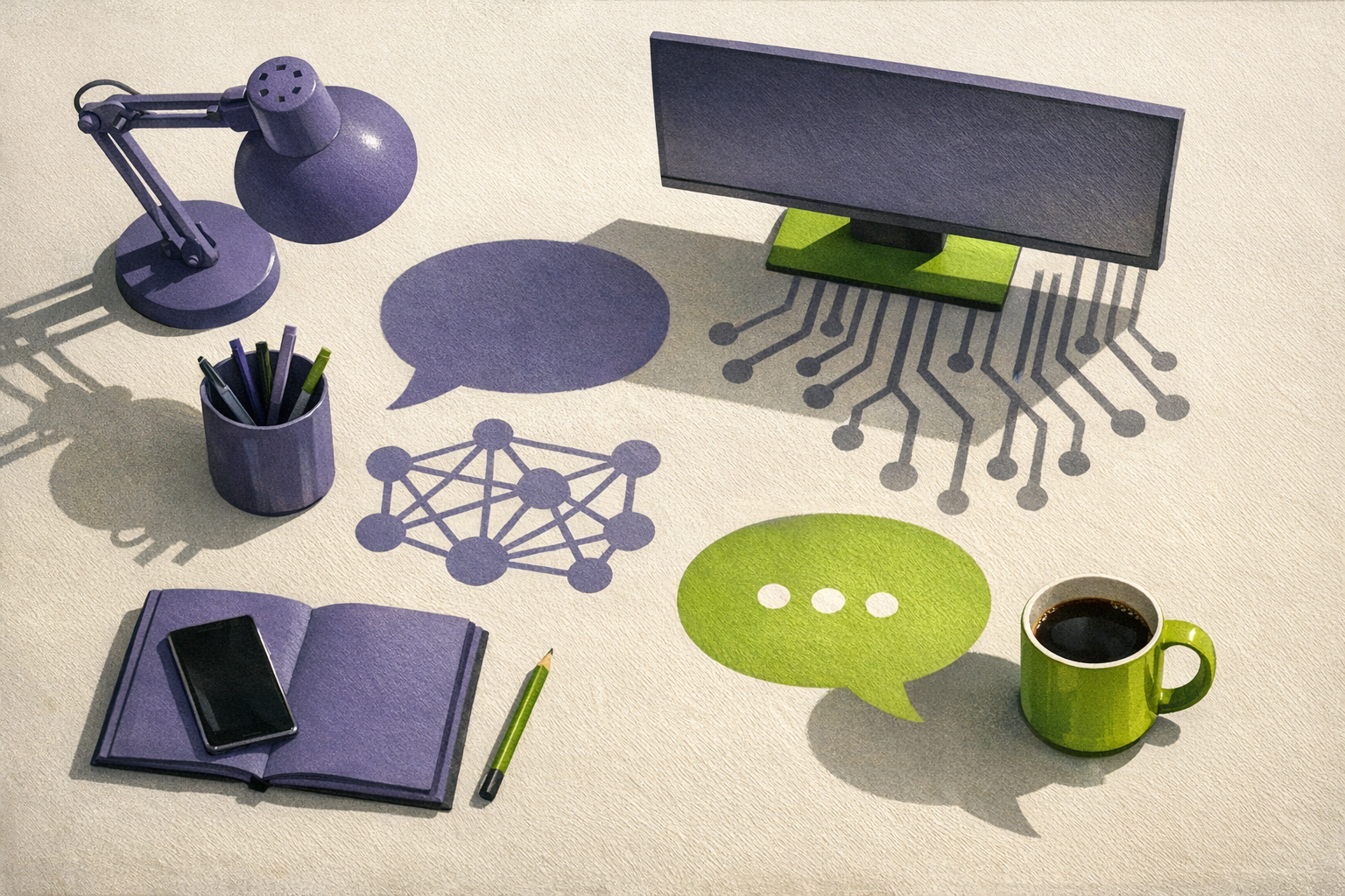 Abstract visualization of hidden AI usage spreading through an organization