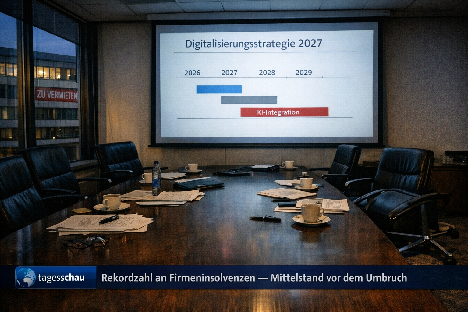 Abandoned boardroom with digitalization plan still on screen
