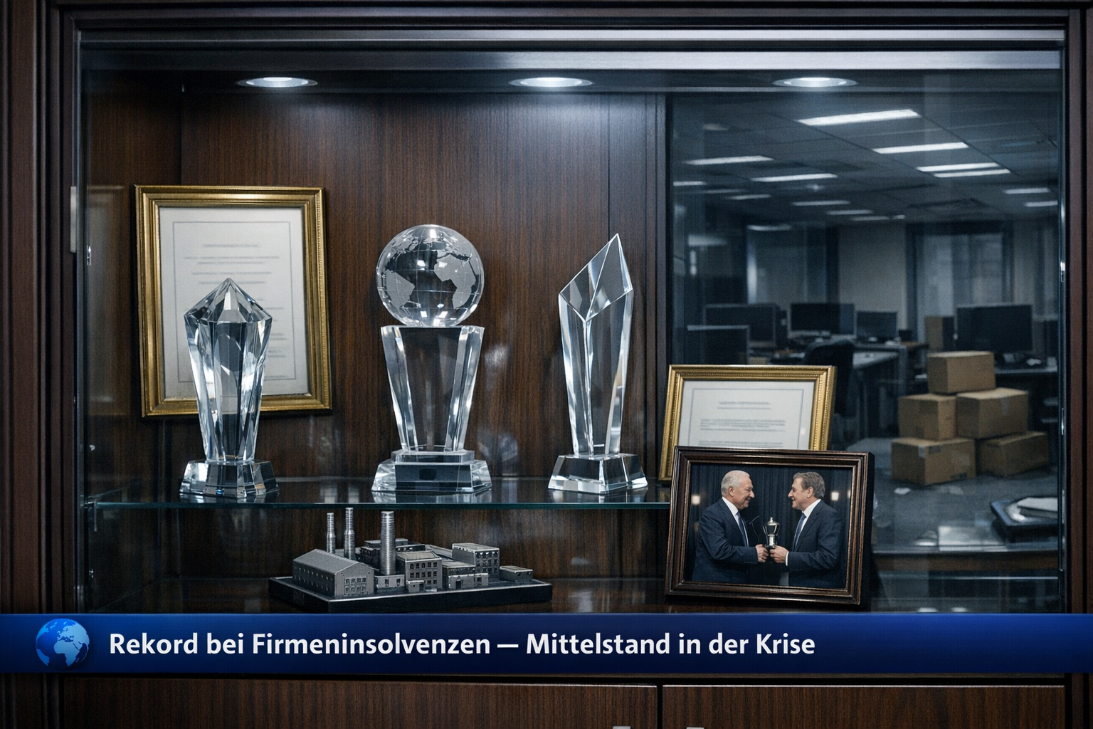 Trophy case with dead office in reflection