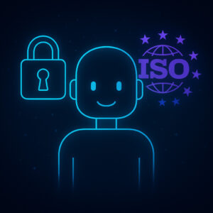 Amaiko Buddy mit Schloss, EU-Sternenkreis und ISO-Symbol – Illustration Datensicherheit KI