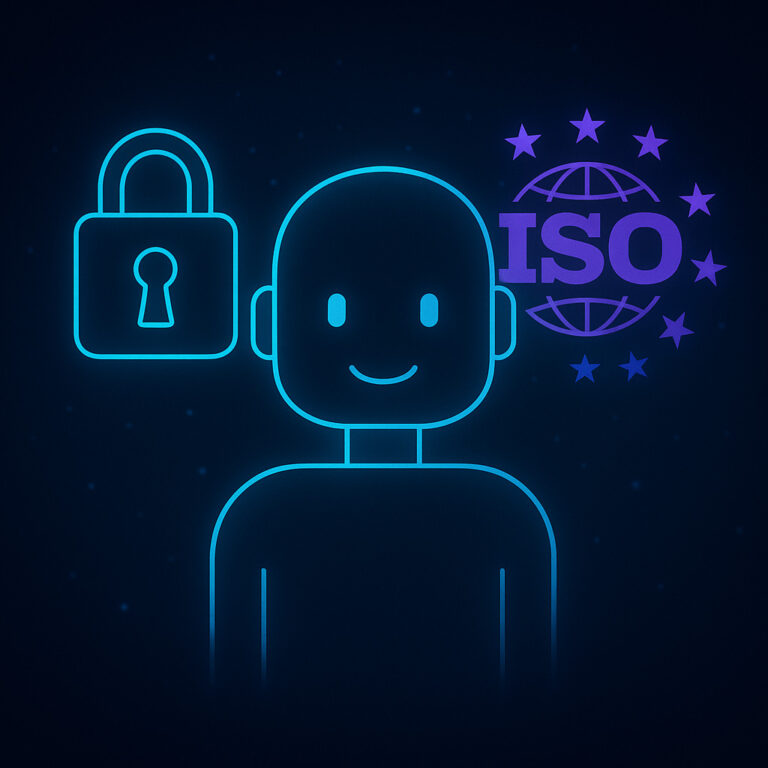 Amaiko Buddy mit Schloss, EU-Sternenkreis und ISO-Symbol – Illustration Datensicherheit KI