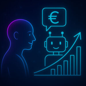 Amaiko Buddy mit Euro-Symbol und Wachstumskurve – Illustration ROI KI KMU