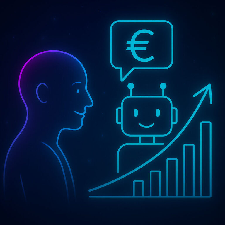 Amaiko Buddy mit Euro-Symbol und Wachstumskurve – Illustration ROI KI KMU