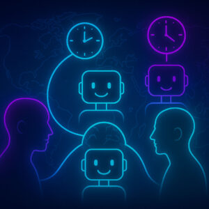 Amaiko Buddies über Weltkarte verbunden – Illustration hybride Teams KI